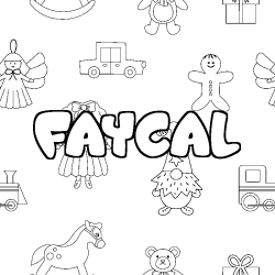 Coloring page first name FAYCAL - Toys background