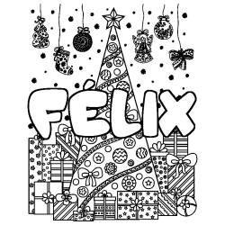 Coloring page first name FÉLIX - Christmas tree and presents background