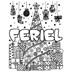 Coloring page first name FERIEL - Christmas tree and presents background