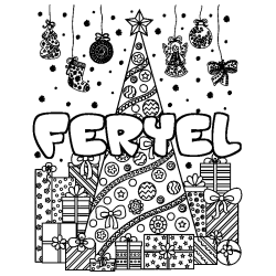 Coloring page first name FERYEL - Christmas tree and presents background