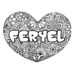 Coloring page first name FERYEL - Heart mandala background