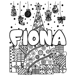 Coloring page first name FIONA - Christmas tree and presents background