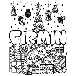 Coloring page first name FIRMIN - Christmas tree and presents background