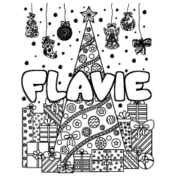 Coloring page first name FLAVIE - Christmas tree and presents background