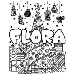 Coloring page first name FLORA - Christmas tree and presents background