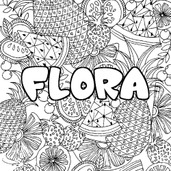 Coloring page first name FLORA - Fruits mandala background