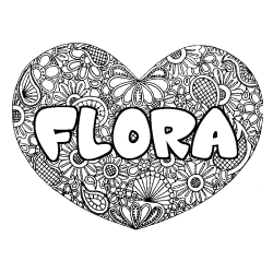 Coloring page first name FLORA - Heart mandala background