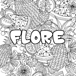 Coloring page first name FLORE - Fruits mandala background