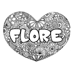 Coloring page first name FLORE - Heart mandala background