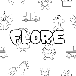 Coloring page first name FLORE - Toys background