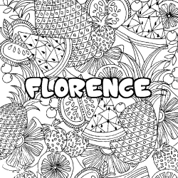 Coloring page first name FLORENCE - Fruits mandala background