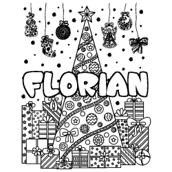 Coloring page first name FLORIAN - Christmas tree and presents background