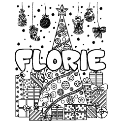 Coloring page first name FLORIE - Christmas tree and presents background