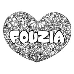 Coloring page first name FOUZIA - Heart mandala background
