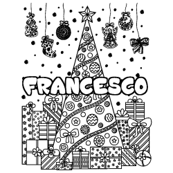 Coloring page first name FRANCESCO - Christmas tree and presents background