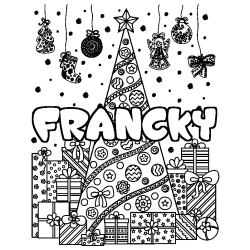 Coloring page first name FRANCKY - Christmas tree and presents background