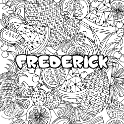Coloring page first name FREDERICK - Fruits mandala background