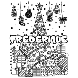 Coloring page first name FRÉDÉRIQUE - Christmas tree and presents background