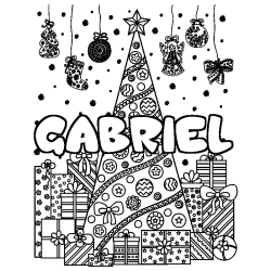 Coloring page first name GABRIEL - Christmas tree and presents background