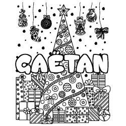 Coloring page first name GAËTAN - Christmas tree and presents background