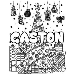 Coloring page first name GASTON - Christmas tree and presents background