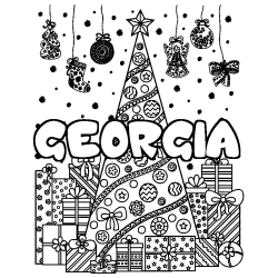 Coloring page first name GEORGIA - Christmas tree and presents background