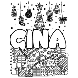 Coloring page first name GINA - Christmas tree and presents background