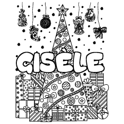 Coloring page first name GISÈLE - Christmas tree and presents background