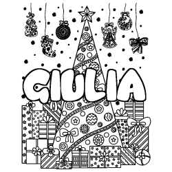 Coloring page first name GIULIA - Christmas tree and presents background