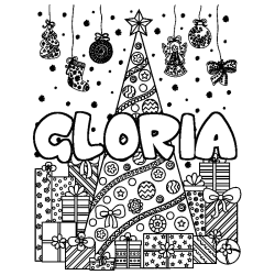 Coloring page first name GLORIA - Christmas tree and presents background