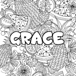 Coloring page first name GRACE - Fruits mandala background