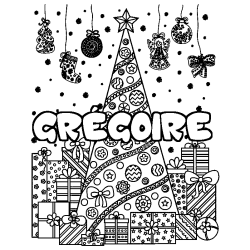 Coloring page first name GRÉGOIRE - Christmas tree and presents background