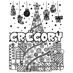 Coloring page first name GRÉGORY - Christmas tree and presents background