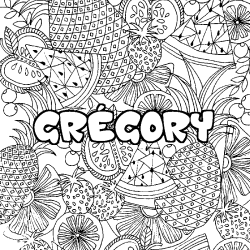 Coloring page first name GRÉGORY - Fruits mandala background