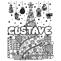 Coloring page first name GUSTAVE - Christmas tree and presents background
