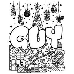 Coloring page first name GUY - Christmas tree and presents background