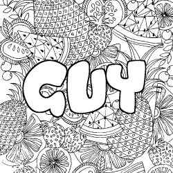 Coloring page first name GUY - Fruits mandala background