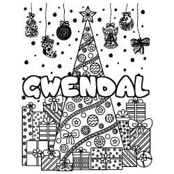 Coloring page first name GWENDAL - Christmas tree and presents background