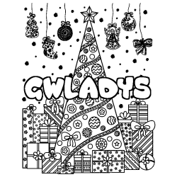 Coloring page first name GWLADYS - Christmas tree and presents background
