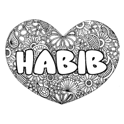 Coloring page first name HABIB - Heart mandala background