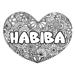 Coloring page first name HABIBA - Heart mandala background