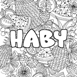 Coloring page first name HABY - Fruits mandala background