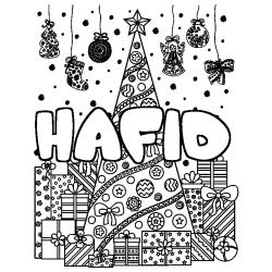Coloring page first name HAFID - Christmas tree and presents background