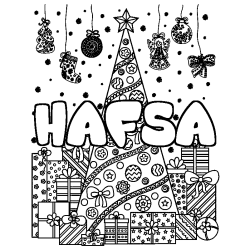 Coloring page first name HAFSA - Christmas tree and presents background