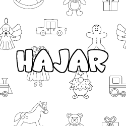 Coloring page first name HAJAR - Toys background