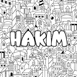 Coloring page first name HAKIM - City background