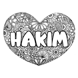 Coloring page first name HAKIM - Heart mandala background