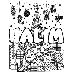 Coloring page first name HALIM - Christmas tree and presents background
