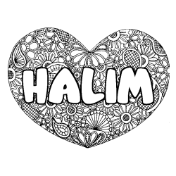 Coloring page first name HALIM - Heart mandala background