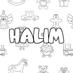Coloring page first name HALIM - Toys background
